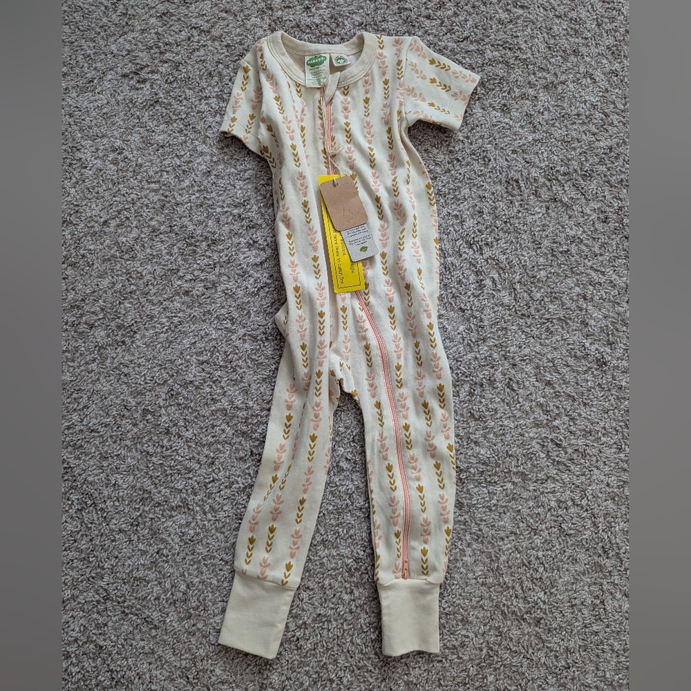 Organic Zip-Front Baby Footie in Cream with Pink & Mustard Print